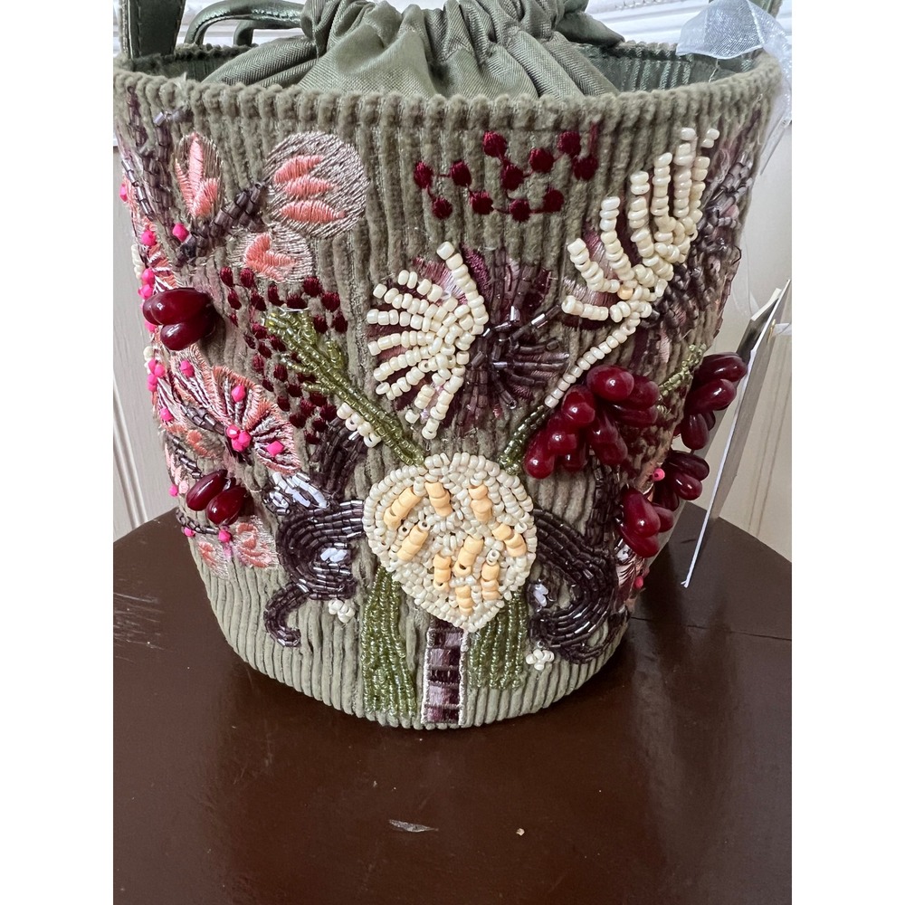 Handmade Beaded Corduroy Floral Bucket Bag Olive Green Drawstring India New - Picture 2 of 10